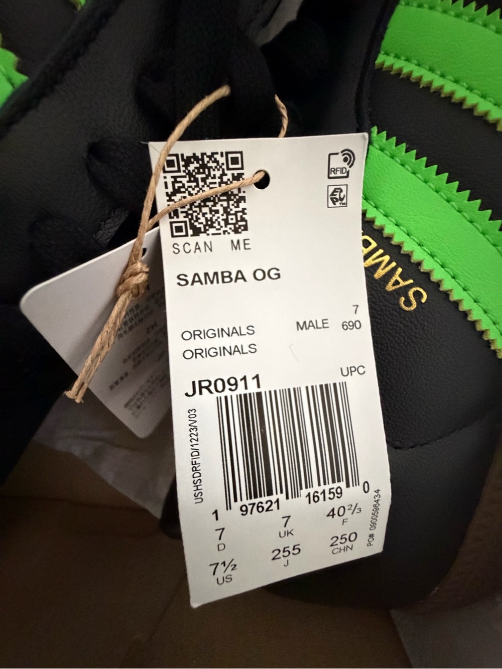 adidas Samba Black with Neon Green Stripes - Picture 2 of 6